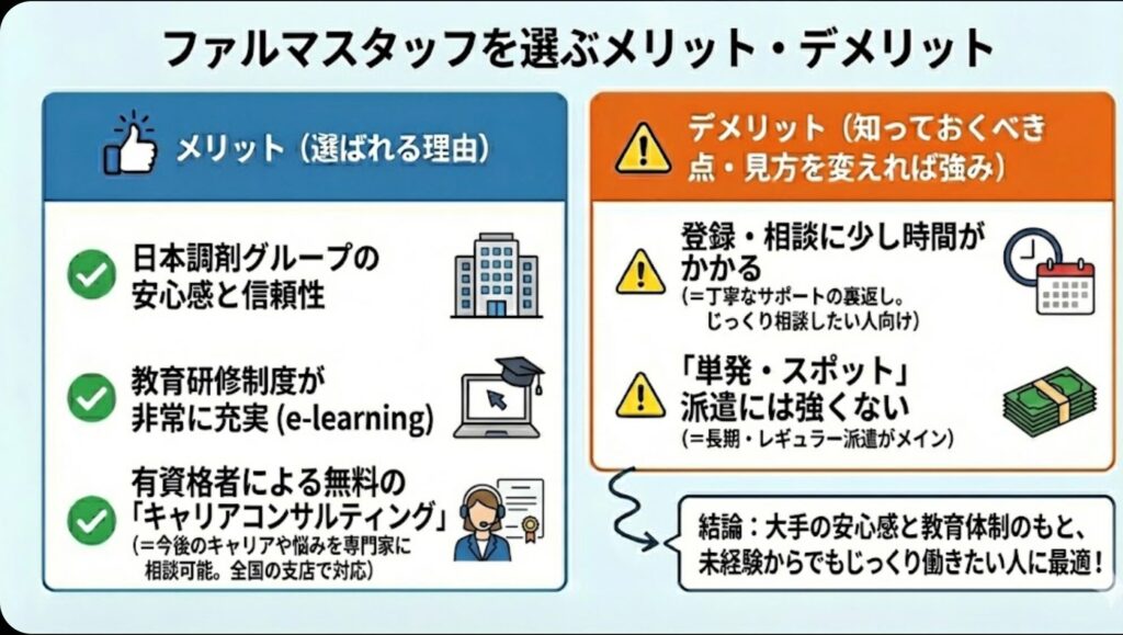 【図解】ファルマスタッフを選ぶメリット・デメリット。日本調剤グループの安心感と充実した教育研修がメリット。一方で、登録や相談に時間がかかる点や、超高時給案件は少なめな点がデメリットだが、これらは丁寧なサポートと安定重視の裏返しでもある。結論として、大手の安心感と教育体制のもと、じっくり働きたい人に最適。