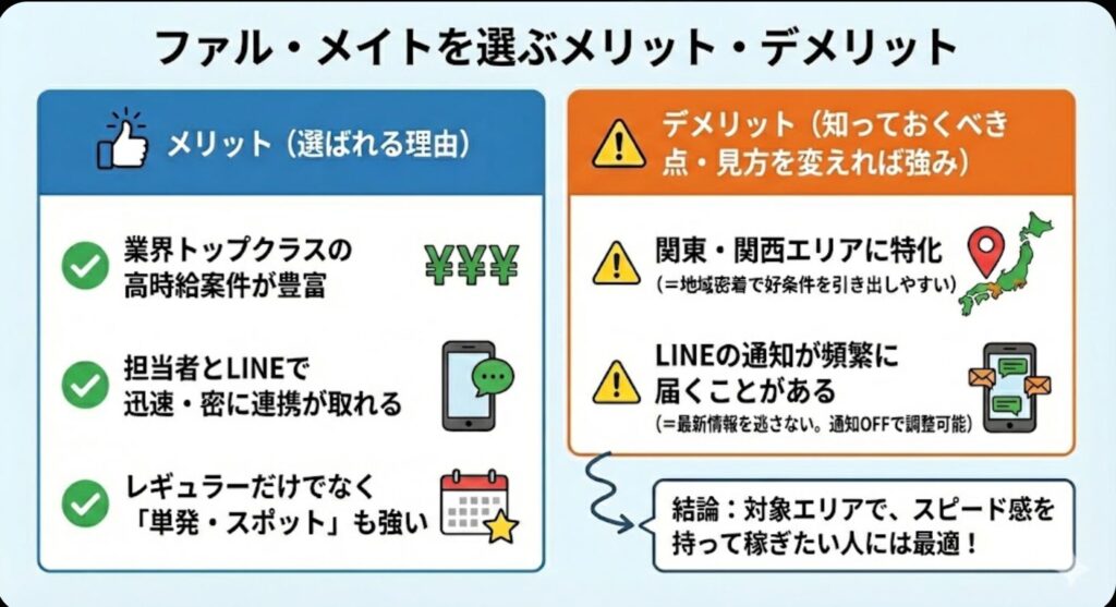 【図解】ファル・メイトを選ぶメリット・デメリット比較。メリットは「業界トップクラスの高時給案件が豊富」「担当者とLINEで迅速・密に連携が取れる」「レギュラーだけでなく単発・スポットも強い」点。デメリット（見方を変えれば強み）は「関東・関西エリアに特化（=地域密着で好条件を引き出しやすい）」「LINEの通知が頻繁に届くことがある（=最新情報を逃さない。通知OFFで調整可能）」点。結論：対象エリアで、スピード感を持って稼ぎたい人に最適