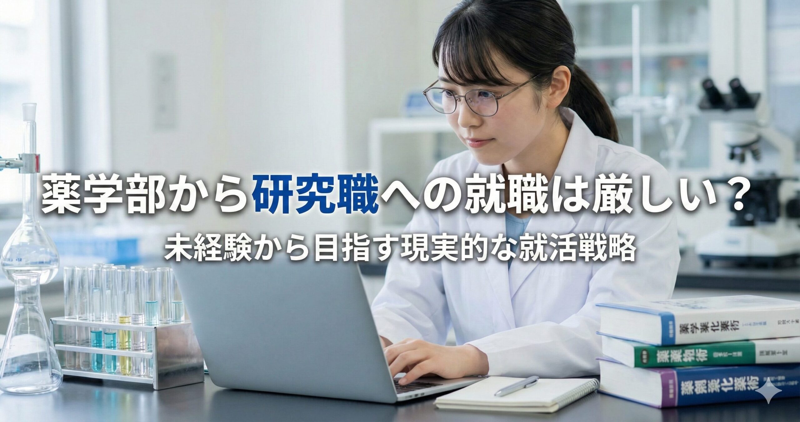 研究室の実験の合間にパソコンに向かい、研究職への就職活動を進める白衣姿の薬学生のイメージ