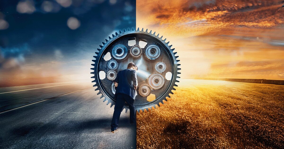 理想と現実の狭間で揺れる男性の図