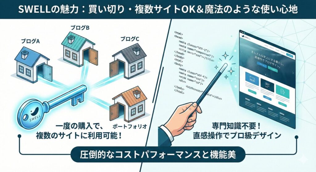 ordPressテーマ「SWELL」の魅力を伝えるイラスト。「買い切り・複数サイトOK」を示す鍵と複数のブログ、「専門知識不要」を示す魔法の杖と直感的な操作画面が描かれており、コストパフォーマンスと機能美を表現している