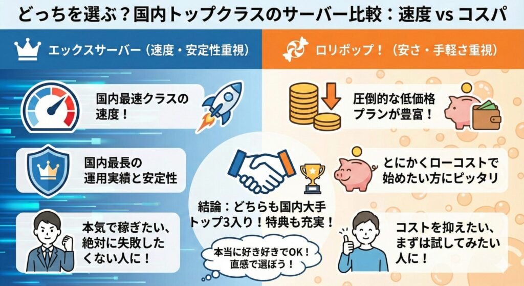 Xserverとロリポップ！の比較表インフォグラフィック。Xserverは「王道の安定性（月額約1,000円）」、ロリポップは「コスパ重視（月額約550円〜）」として、速度、ドメイン特典、おすすめユーザーを対比して解説