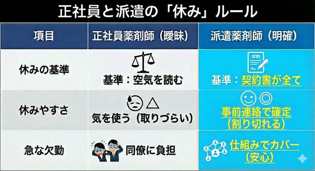 【図解比較表】正社員と派遣薬剤師の「休み」のルールの違い。正社員は店舗の空気を読む必要があるため休みづらいが、派遣は契約書の内容が全てであるため、事前に契約しておけば確実に休めるのがメリット。