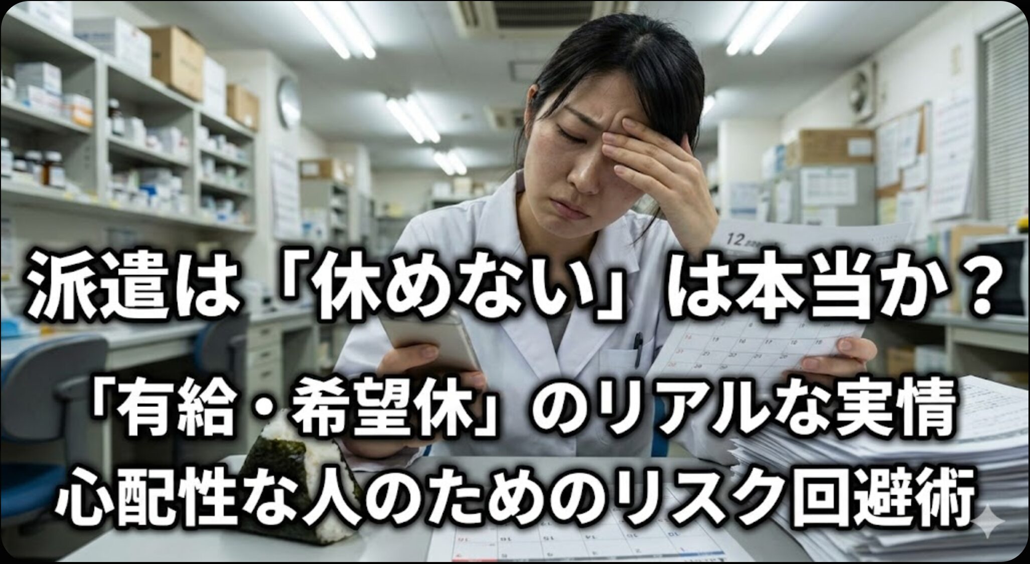 派遣は「休めない」は本当か？有給・希望休のリアルな実情と、心配性な人のためのリスク回避術。調剤薬局のスタッフルームで、カレンダーとスマホを見ながらシフト調整に頭を抱えて悩む女性派遣薬剤師のリアルな写真サムネイル。