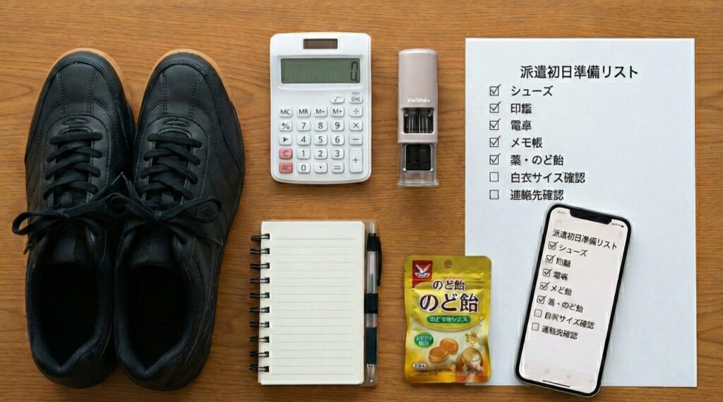 派遣薬剤師の初日持ち物リストのイメージ画像。白い運動靴、電卓、シャチハタ印鑑、メモ帳、風邪薬、のど飴、チェックリストが表示されたスマホが机の上に並べられている