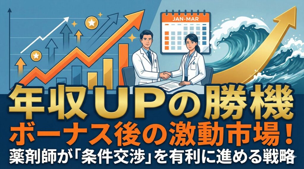 ボーナス後の激動市場！薬剤師が「条件交渉」を有利に進める戦略。握手する男女の薬剤師と上昇するグラフ、荒波のイラスト。カレンダーはJAN-MAR。年収UPの勝機という文字