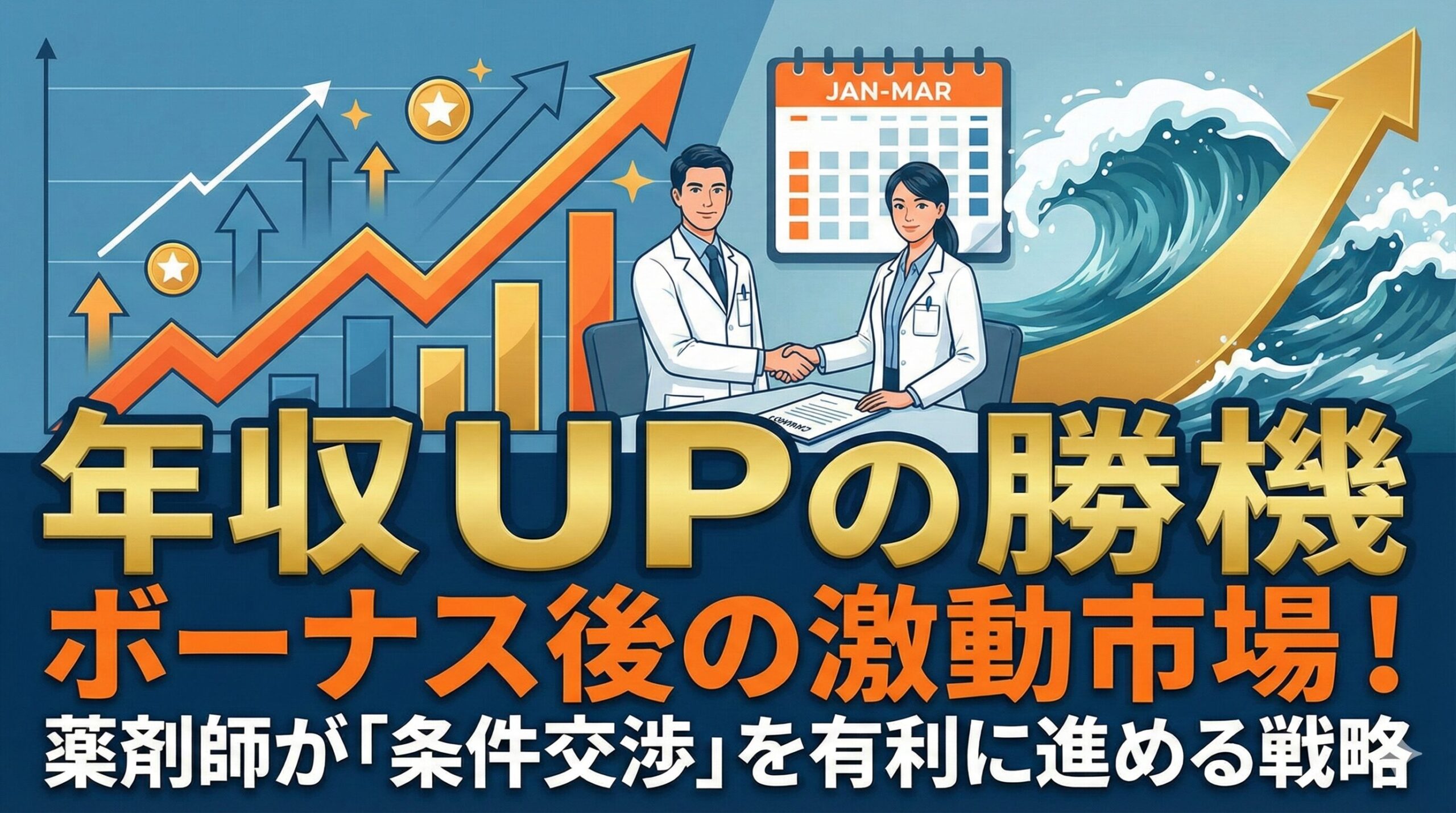 ボーナス後の激動市場！薬剤師が「条件交渉」を有利に進める戦略。握手する男女の薬剤師と上昇するグラフ、荒波のイラスト。カレンダーはJAN-MAR。年収UPの勝機という文字