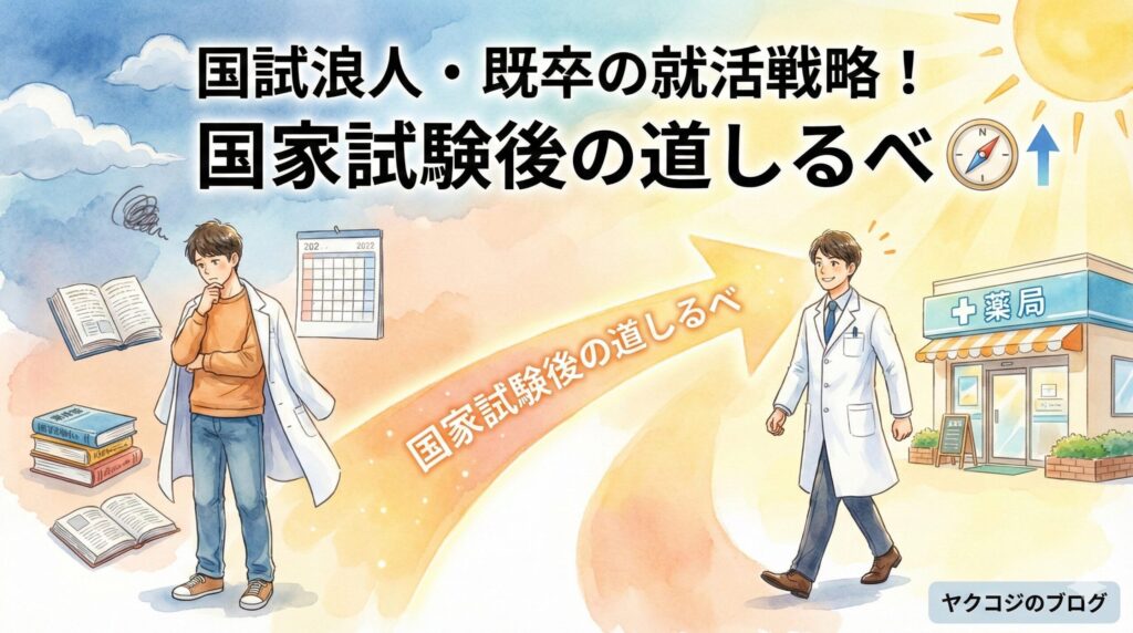 薬剤師国家試験を終えた国試浪人や既卒者が、不安な勉強期間を抜け出して希望の就職先(薬局)へと進む道しるべを描いたアイキャッチ画像