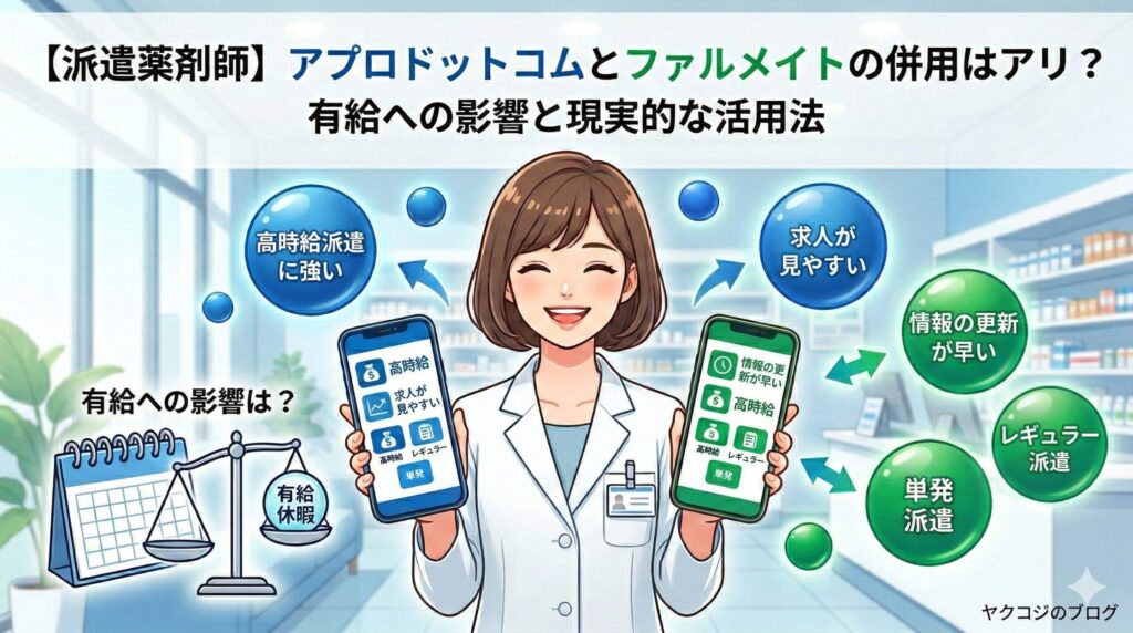 派遣薬剤師がアプロドットコムとファルメイトの併用(掛け持ち)を検討するイメージ画像。両手でスマホを持ち、求人の見やすさや情報の早さ、有給休暇への影響をフラットに比較しているイラスト。