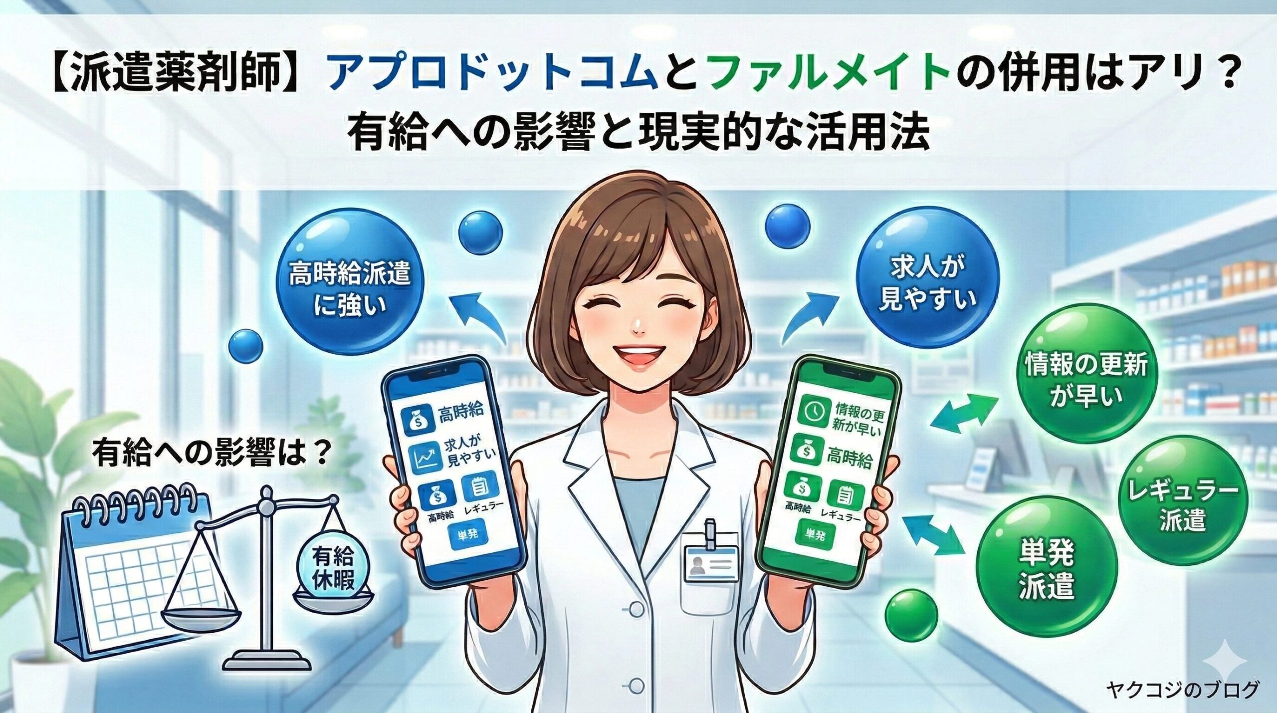 派遣薬剤師がアプロドットコムとファルメイトの併用（掛け持ち）を検討するイメージ画像。両手でスマホを持ち、求人の見やすさや情報の早さ、有給休暇への影響をフラットに比較しているイラスト。