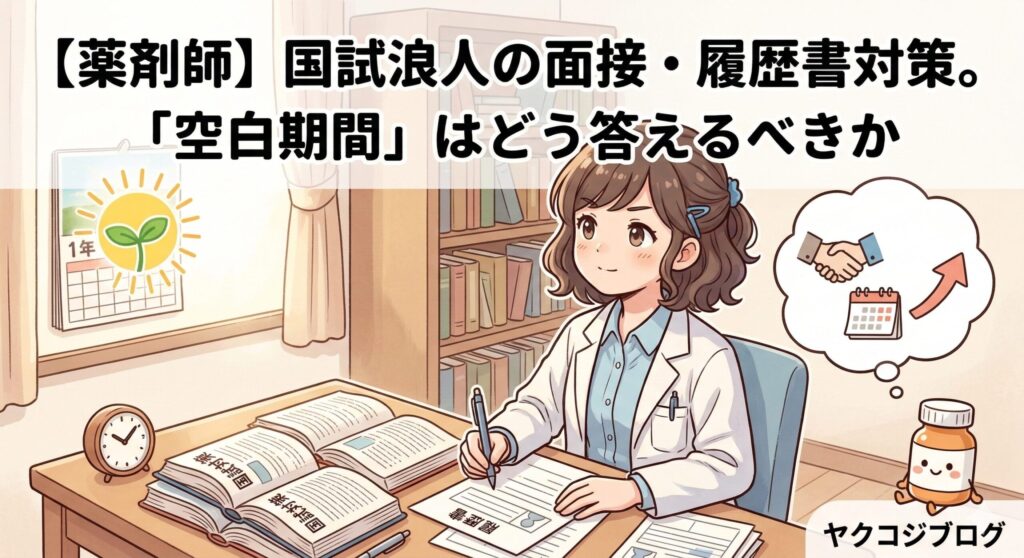 イラストには、白い白衣を着た女性が机に向かい、ペンで履歴書を記入している様子が描かれています。彼女の前には「国試対策」と書かれた分厚いテキストと時計、そして履歴書が置かれています。彼女は真剣でありながら前向きな表情で、右側の思考吹き出しには「採用（握手）」「カレンダー」「上昇矢印（キャリアアップ）」のアイコンがあり、未来への期待を象徴しています。背景の本棚の横には「1年」と書かれ、双葉の太陽アイコンが描かれたカレンダーがあり、浪人期間を肯定的に捉えていることを示唆しています。画像上部には「【薬剤師】国試浪人の面接・履歴書対策。」と「「空白期間」はどう答えるべきか」という大きなテキストがあり、右下にはかわいい薬瓶のキャラクターと「ヤクコジブログ」というテキストが配置されています。