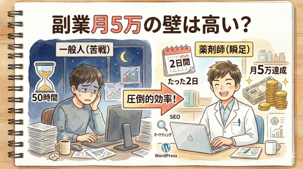 副業で月5万円稼ぐ壁について、50時間苦戦する一般人と、WordPressを用いてたった2日で達成する薬剤師の圧倒的な効率差を比較したアイキャッチ画像。