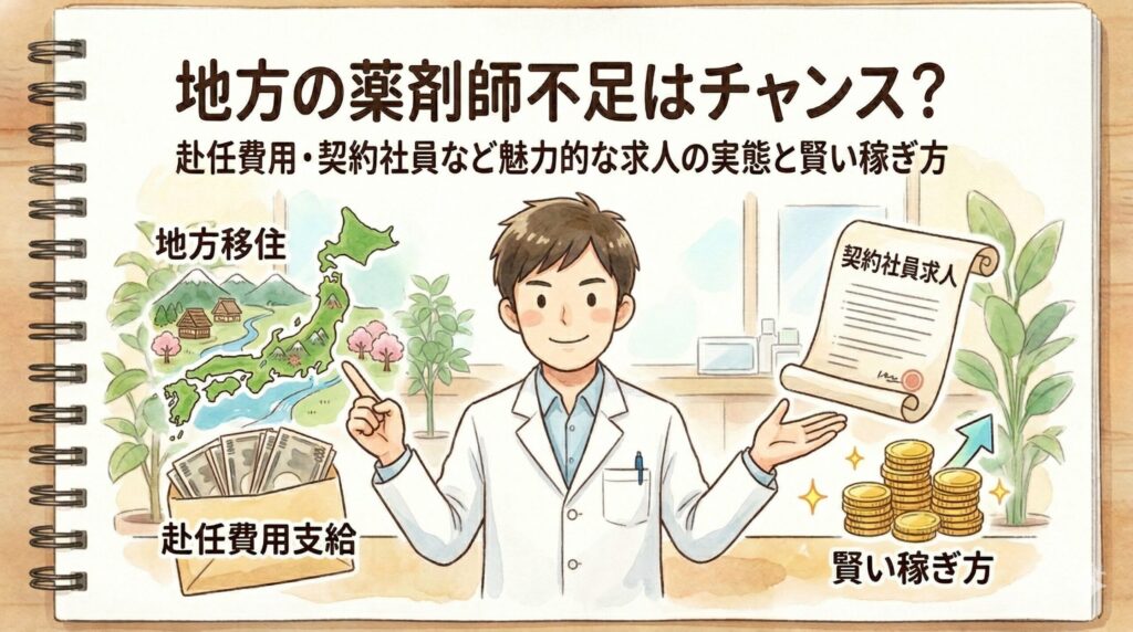 Gemini の回答 「地方の薬剤師不足はチャンス？ 赴任費用・契約社員など魅力的な求人の実態と賢い稼ぎ方」と書かれた水彩画風イラスト。薬剤師が地方移住や求人を指差す。