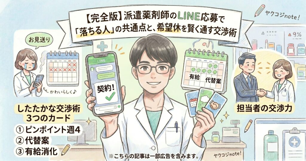 「【完全版】派遣薬剤師のLINE応募で『落ちる人』の共通点と、希望休を賢く通す交渉術」を解説したイラスト図解。契約のLINE画面を見せる薬剤師の周囲に、お見送りで落ち込む様子、したたかな交渉術3つのカード（ピンポイント週4、代替案、有給消化）、担当者の交渉力などが描かれている。ヤクコジnoteへの案内。
