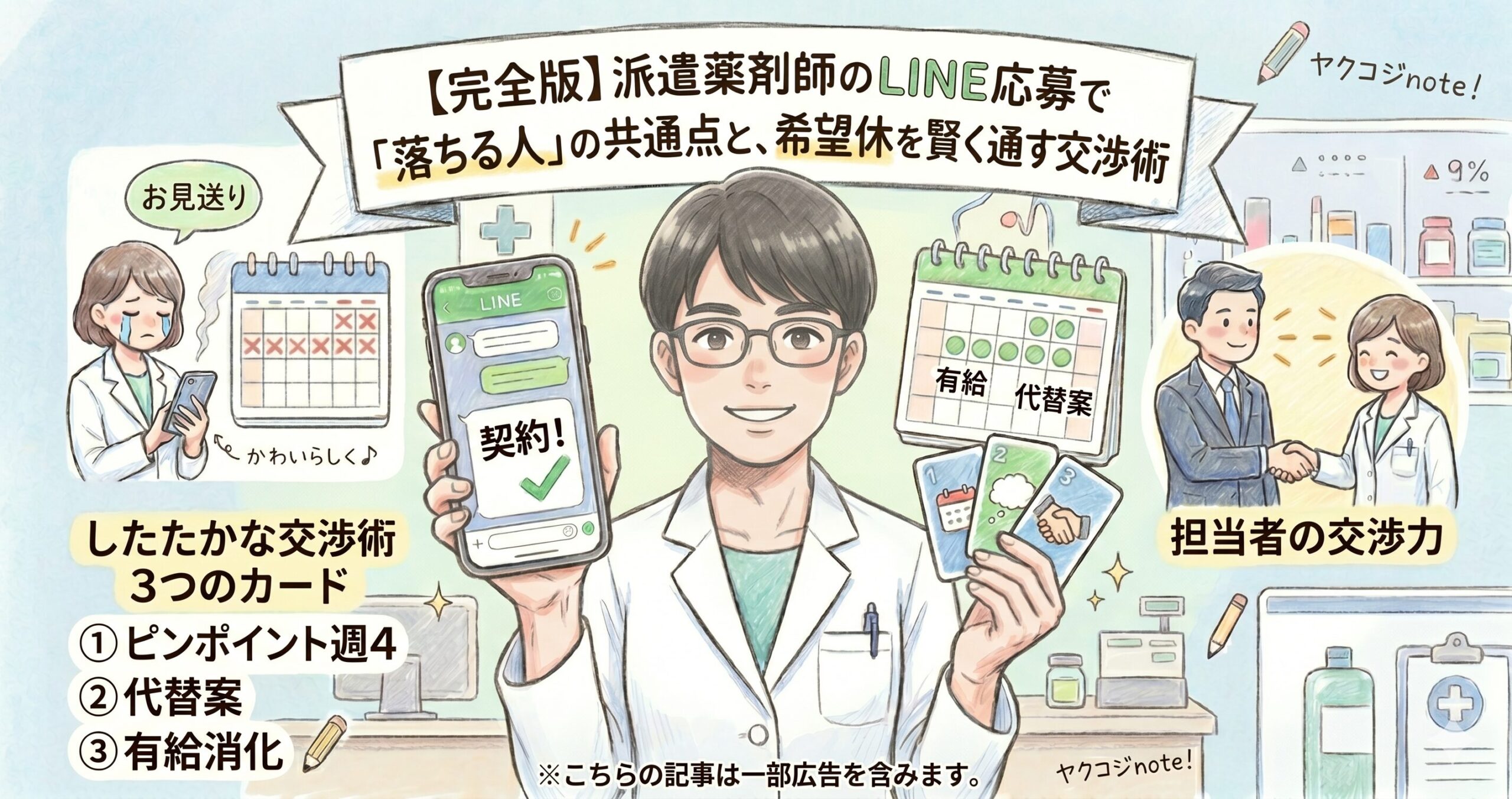 「【完全版】派遣薬剤師のLINE応募で『落ちる人』の共通点と、希望休を賢く通す交渉術」を解説したイラスト図解。契約のLINE画面を見せる薬剤師の周囲に、お見送りで落ち込む様子、したたかな交渉術3つのカード（ピンポイント週4、代替案、有給消化）、担当者の交渉力などが描かれている。ヤクコジnoteへの案内。