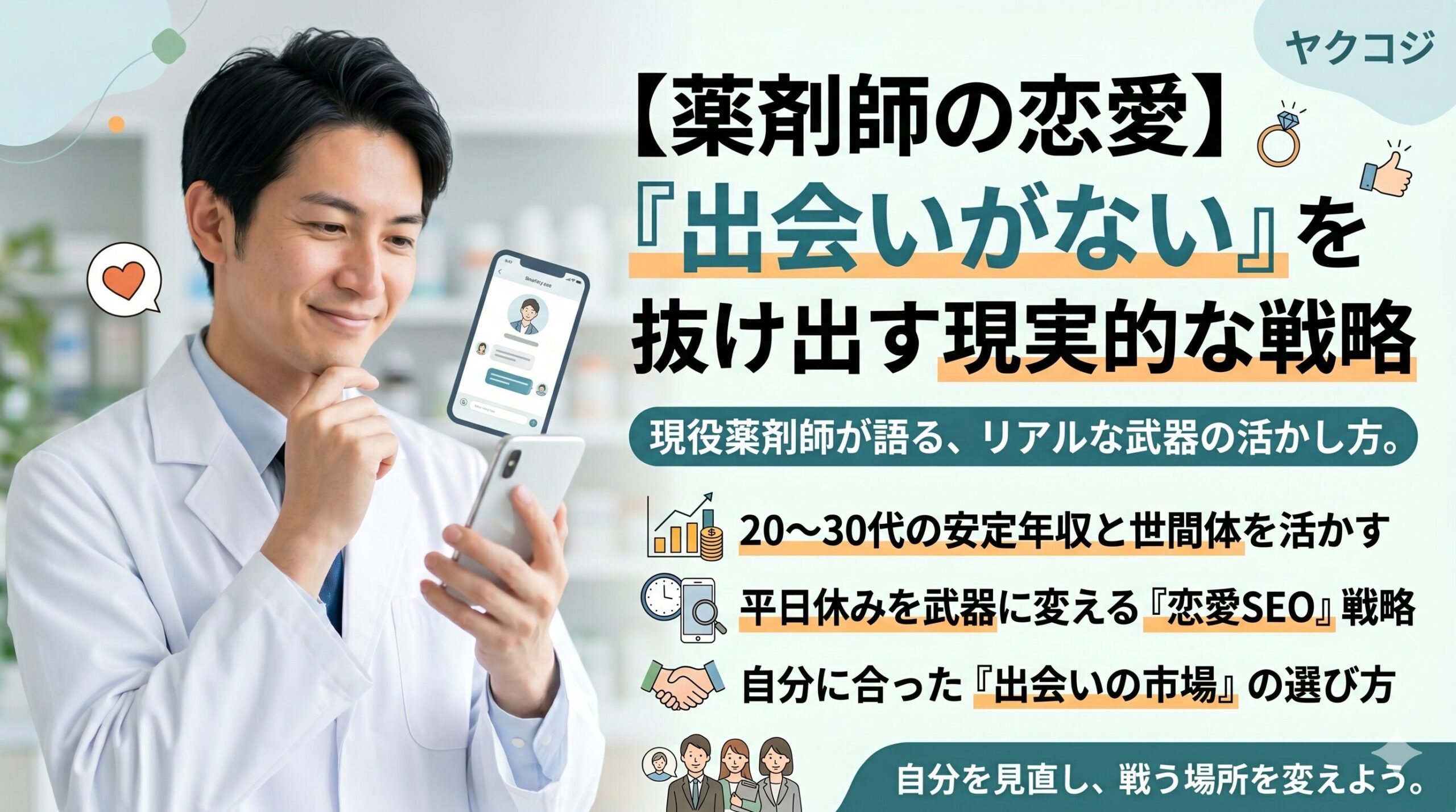 記事「【薬剤師の恋愛】『出会いがない』を抜け出す現実的な戦略」のアイキャッチ画像。現役薬剤師が語るリアルな武器の活かし方として、安定年収や世間体、平日休みを活かす恋愛SEO戦略、出会いの市場の選び方といったポイントがまとめられています。