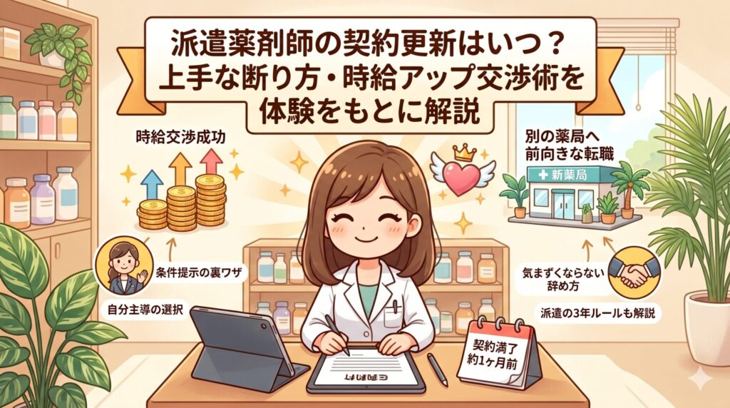 「派遣薬剤師の契約更新と上手な断り方・時給交渉術」の記事アイキャッチ画像。前向きにキャリアを選択する笑顔の派遣薬剤師のイラスト。