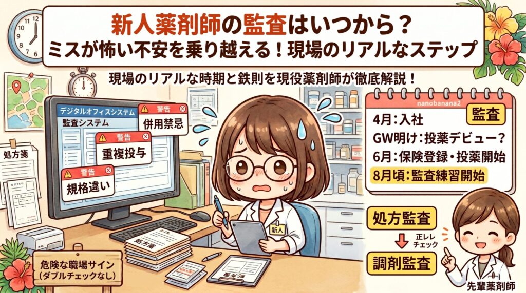 「新人薬剤師の監査はいつから？」の記事アイキャッチ画像。監査システムのアラートに不安そうな新人薬剤師と、監査デビューまでのリアルなスケジュールのイラスト。