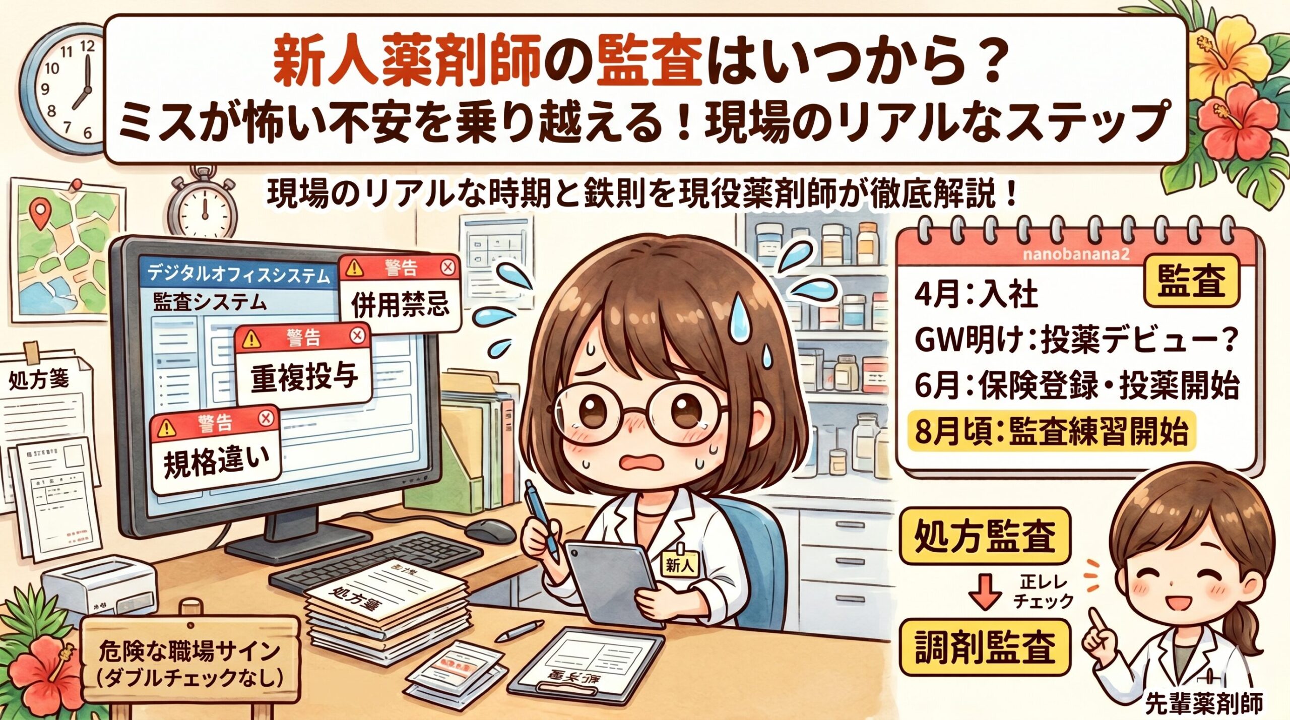 「新人薬剤師の監査はいつから？」の記事アイキャッチ画像。監査システムのアラートに不安そうな新人薬剤師と、監査デビューまでのリアルなスケジュールのイラスト。