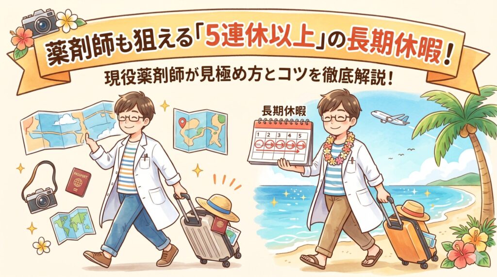 「温かみのある水彩画風のアートで描かれたブログアイキャッチ画像。上部のタイトルには、黄色の大きなリボンに「薬剤師も狙える「5連休以上」の長期休暇！」、その下に「現役薬剤師が見極め方とコツを徹底解説！」というテキストがある。笑顔の男性薬剤師キャラクターが2人描かれており、1人は地図を、もう1人は花のレイを首にかけ「長期休暇」と書かれ5日間の連続マークがついたカレンダーを掲げている。2人ともスーツケースを持ち、カメラ、ハイビスカス、ビーチ、飛行機などの旅行アイテムが周囲に配置されている。」