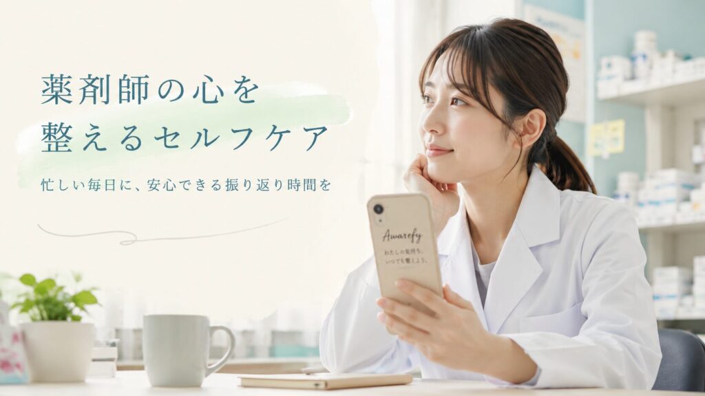 "薬剤師がAwarefyで気持ちを振り返り心を整えるセルフケアイメージ"