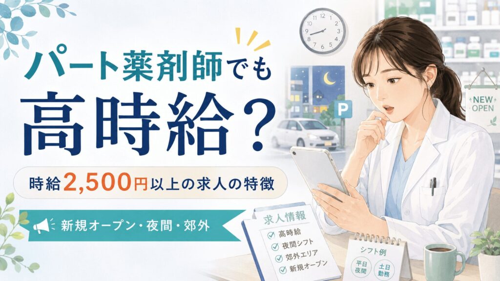 タブレットで高時給パート求人を確認する白衣の薬剤師と、時給2,500円以上・新規オープン・夜間・郊外求人の特徴を示したアイキャッチ画像