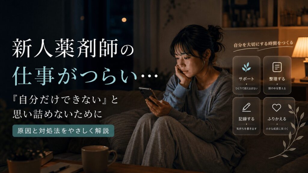 新人薬剤師が自宅でスマートフォンを見ながら仕事のつらさや気持ちを整理している様子