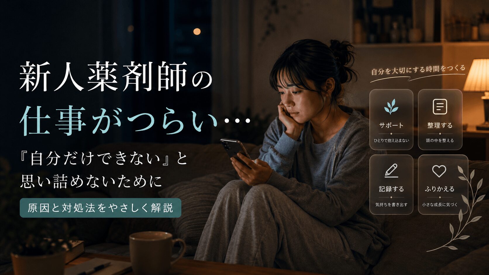 新人薬剤師が自宅でスマートフォンを見ながら仕事のつらさや気持ちを整理している様子